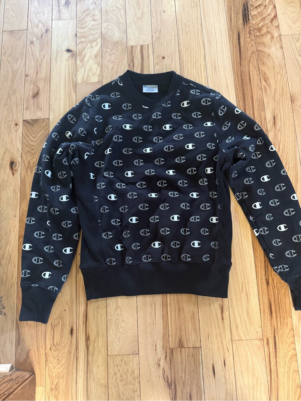 Champion Black Crewneck Sweatshirt with Allover White Logos - Men Size Small